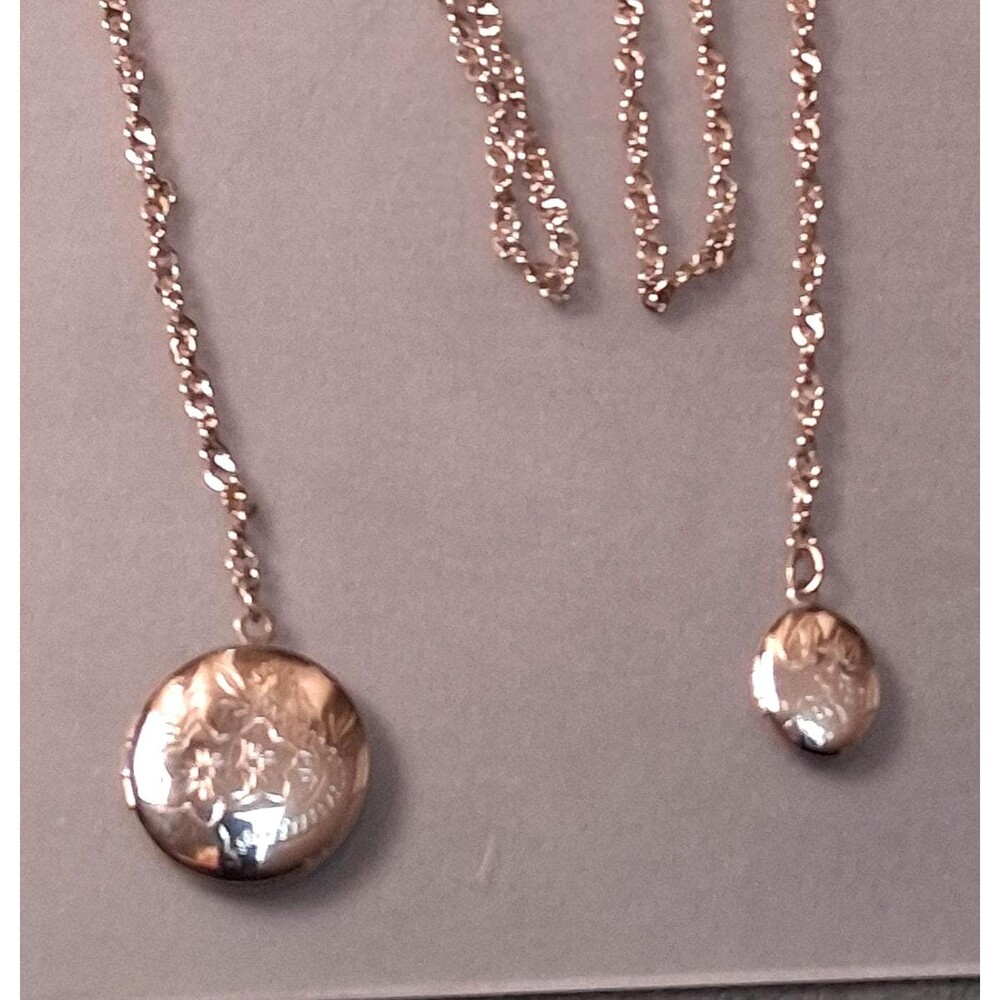 Vintage Double Locket Necklace Silver Lariat